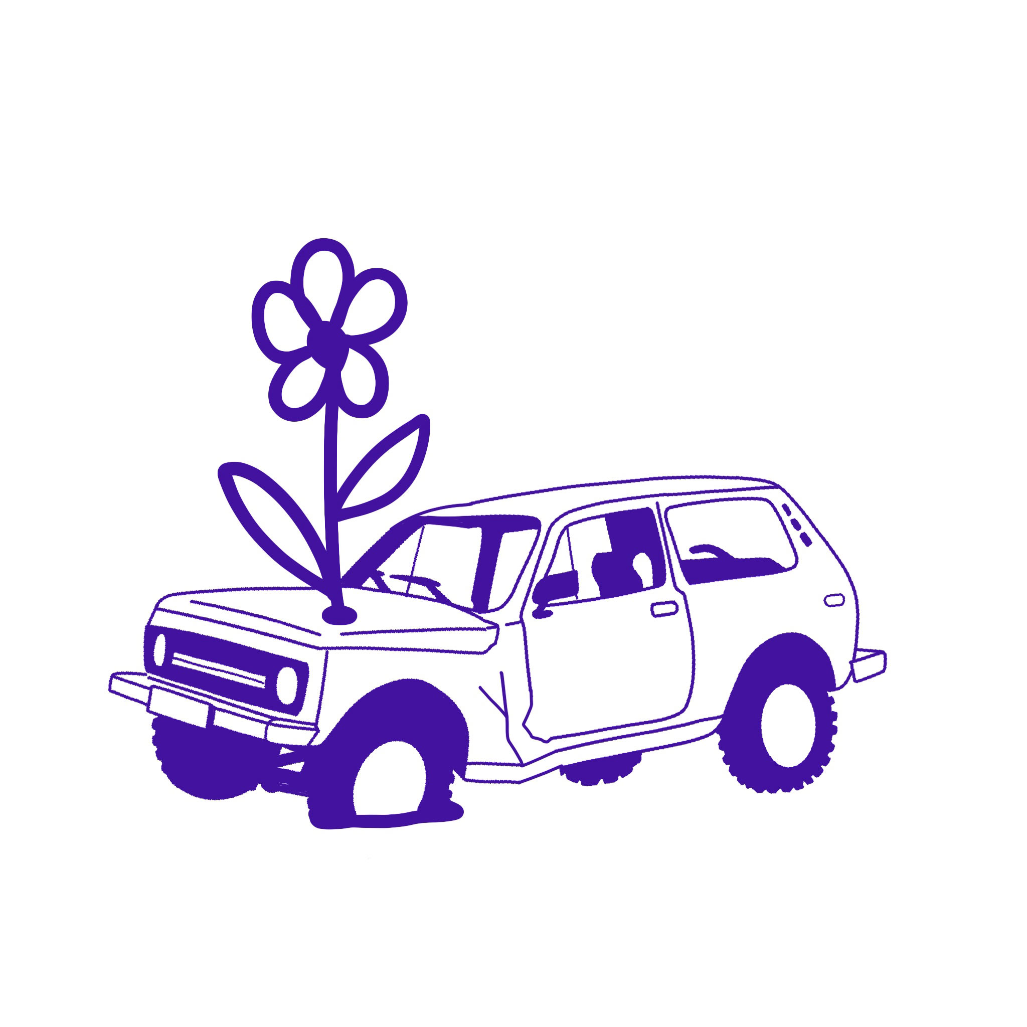 Une voiture accidenté avec une fleur minimalistes